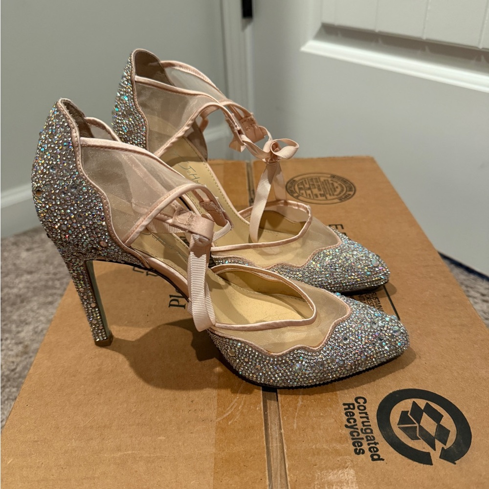 Embellished Pink Crystal Pointed-Toe Heels with Ankle Tie Betsey Johnson